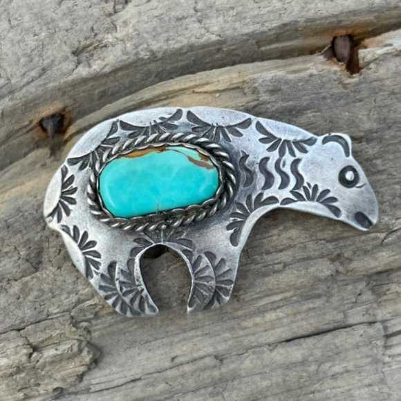 Signed AJC Native American Navajo Sterling Silver Turquoise Bear Pin - Picture 3 of 14